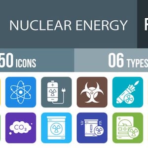 Puede incluir: Un gráfico que ilustra conceptos de energía nuclear. La imagen presenta el texto "NUCLEAR ENERGY FILLED" y "50 ICONS 06 TYPES". Varios iconos representan símbolos atómicos, símbolos de radiación e imágenes de centrales nucleares, todo en contorno blanco.