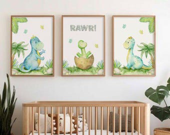 Aquarel dinosaurus kinderkamerkunst: set van 3 prints (digitale download)