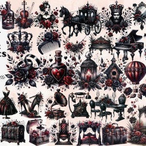 Dark Gothic Clipart Bundle with 31 PNG Graphics | Black and Red Gothic Illustrations for Stickers, Shirts, Wall Art & Scrapbooking