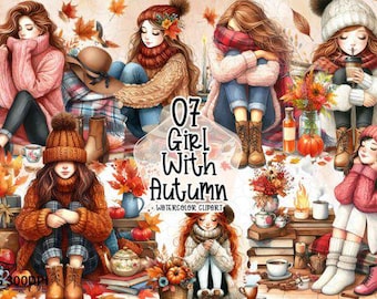 Autumn Girl Clipart PNG Bundle: Fall Season Illustration (Digital Download
