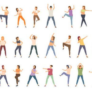 May include: Illustration of 27 women in various dance poses. They are wearing different colored athletic wear, including tops and leggings. The women are in different positions, with arms raised, legs bent, and bodies angled, suggesting movement and energy.
