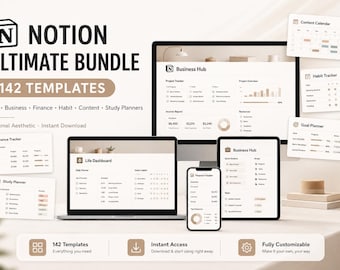 142 Notion Templates Ultimate Bundle  | Life, Business, Finance, Habit, Content & Study Planners | Minimal Aesthetic | Instant Download