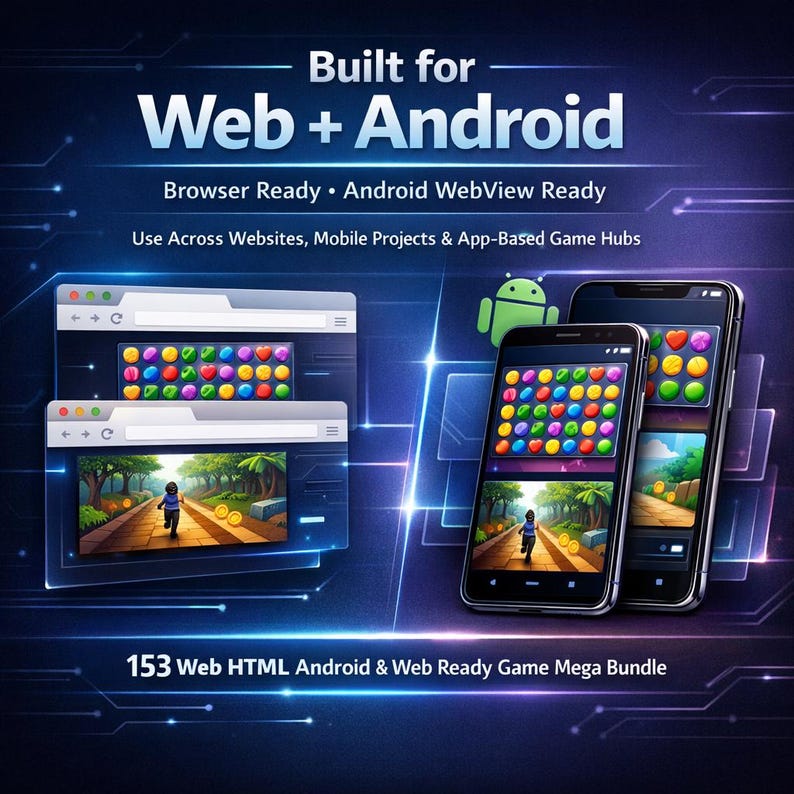 May include: A digital graphic featuring two browser windows and two smartphones displaying colourful match-three and runner games. Text reads: Built for Web + Android, Browser Ready, Android WebView Ready, Use Across Websites, Mobile Projects & App-Based Game Hubs, 153 Web HTML Android & Web Ready Game Mega Bundle.