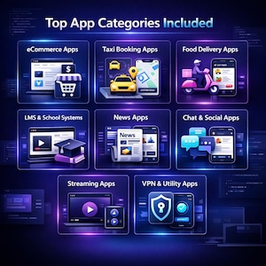 K&ouml;nnte beinhalten: Eine Illustration, die verschiedene App-Kategorien zeigt, darunter E-Commerce, Taxibuchung, Essenslieferung, LMS, Nachrichten, Chat, Streaming und VPN-Apps. Der Text "Top App Categories Included" ist enthalten.