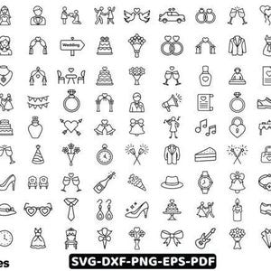 May include: A collection of 190 black and white wedding-themed icons. The icons include images of wedding cakes, rings, champagne glasses, wedding dresses, and other related symbols. The image also includes the text "SVG-DXF-PNG-EPS-PDF".