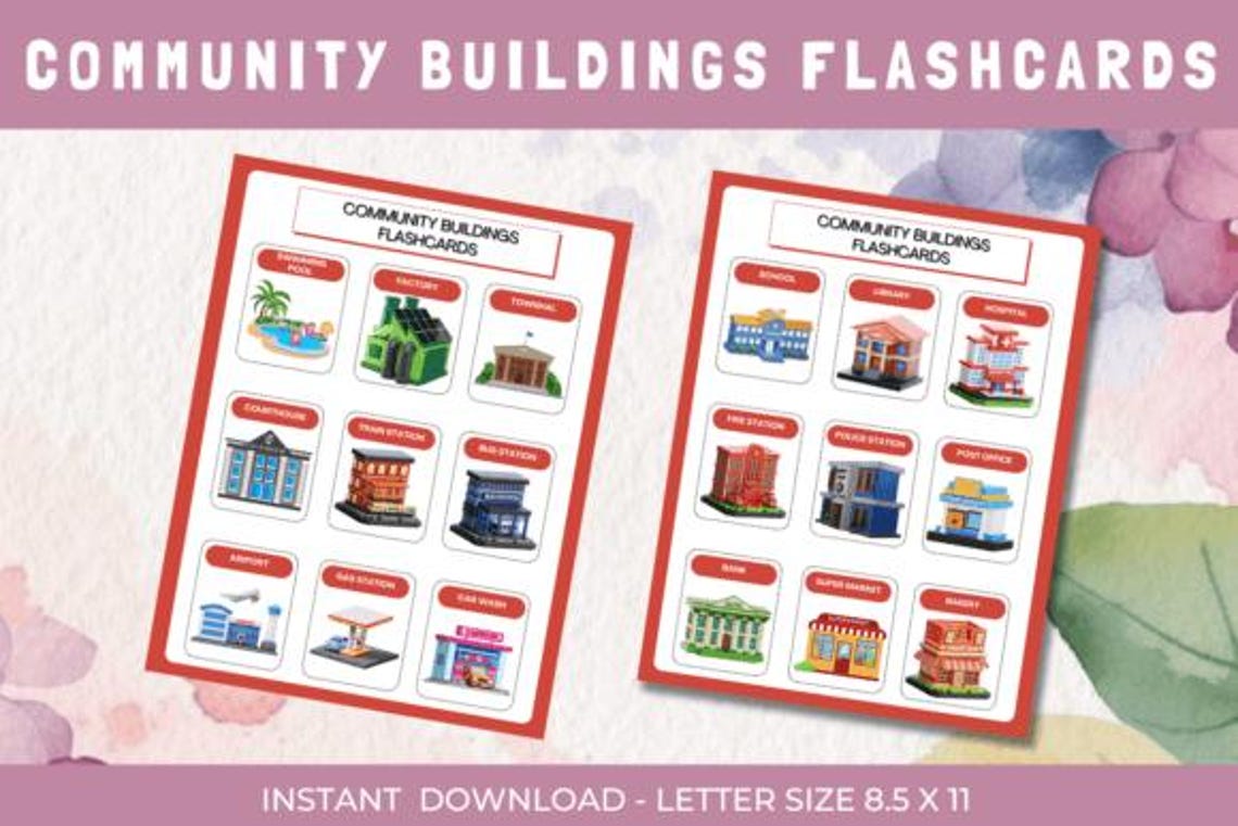 Community Buildings Flashcards | ESL Vocabulary Cards (PDF) - Etsy