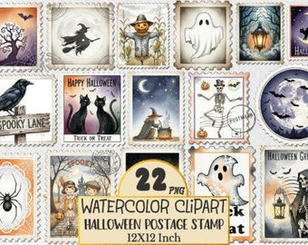 Pacchetto di clipart di francobolli vintage di Halloween: grafica PNG retrò (download digitale)