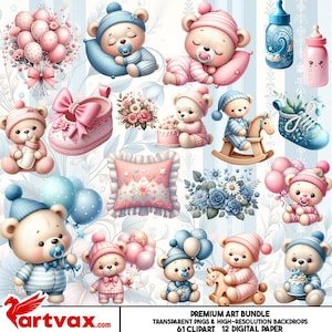Baby Shower Bear Clipart Bundle | Cute Teddy Bear PNG, Baby Boy & Girl Digital Download, Nursery Sublimation, Baby Shower Stickers