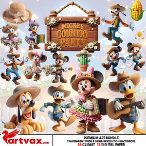 Mickey Country Party Clipart Bundle | Cute Cowboy Minnie & Friends PNG | Western Farm Digital Download | Disney Inspired Art، Mouse png