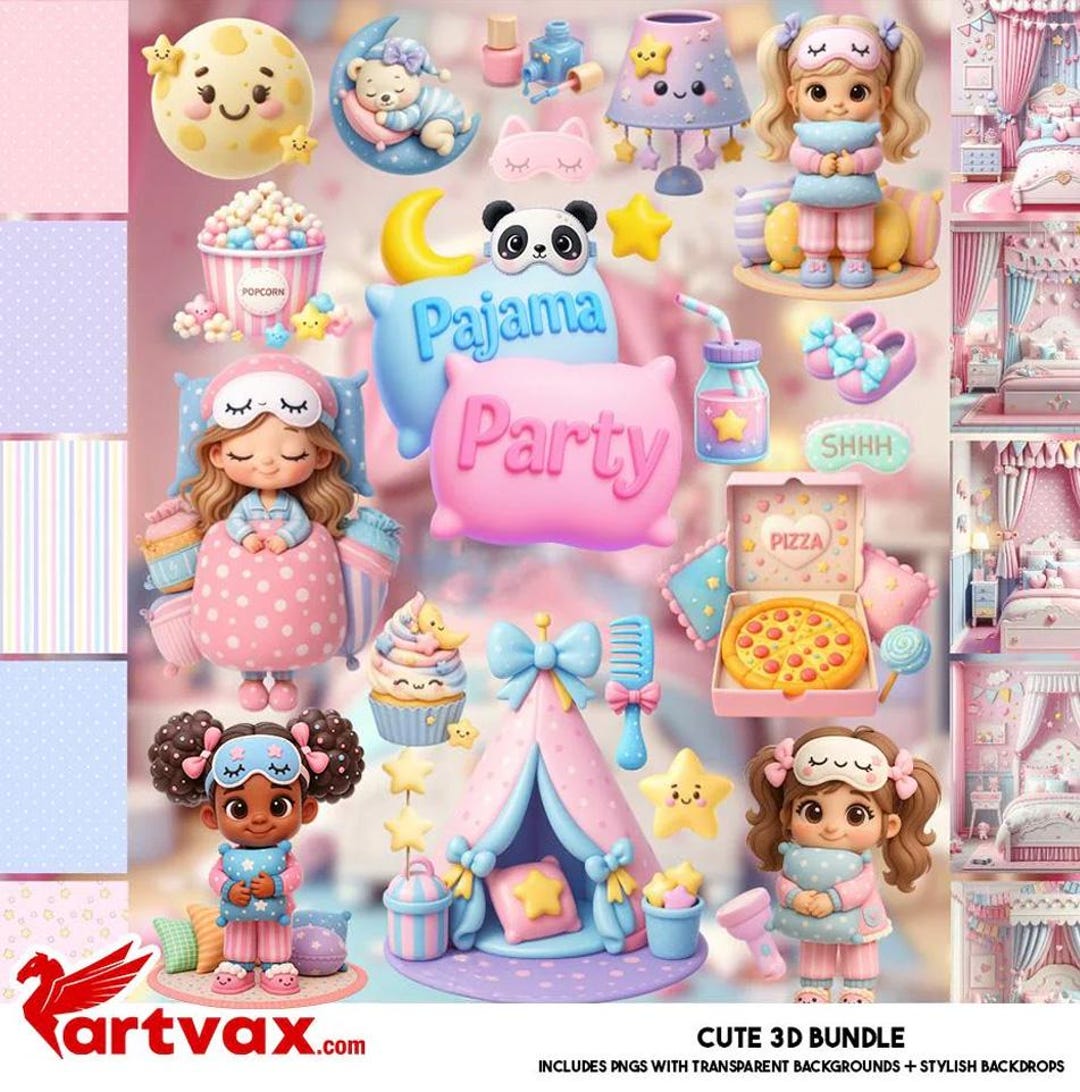 Pajama Party Clipart Bundle | 3D Sleepover Girls Pngs | Digital ...