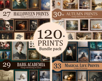 May include: A collection of vintage oil paintings and line art prints. The bundle includes 27 Halloween prints, 30+ Autumn prints, 29 Dark Academia prints, and 33 Magical Life prints. The prints feature various themes and styles.