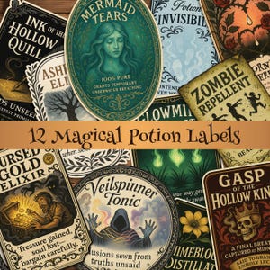 May include: A collection of 12 magical potion labels with vintage designs. The labels feature illustrations and text such as "Mermaid Tears," "Zombie Repellent," and "Cursed Gold Elixir." The labels are in various shapes and colors, with a brown banner that reads "12 Magical Potion Labels."