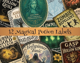 Halloween Potion Labels – Vintage Apothecary Witch Mystical Party Stickers, Magic Spell Jar Decor, Spooky Printable PDF & PNG