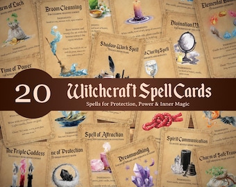 May include: A collection of 20 Witchcraft Spell Cards with spells for protection, power, and inner magic. The cards feature illustrations and text, including spells for healing, protection, and divination. The cards are arranged on a brown surface.