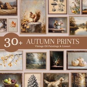 May include: A collection of framed autumn prints, including vintage oil paintings and line art. The prints depict autumnal scenes such as a squirrel, pumpkins, and landscapes. The text reads "30+ Autumn Prints".