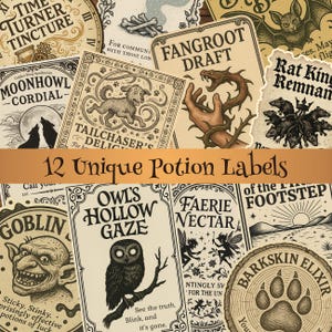 Może przedstawiać: Kolekcja 12 unikalnych etykiet na mikstury z ilustracjami i tekstem w stylu vintage. Etykiety przedstawiają różne wzory, w tym psa, sowę, goblina i tekst "12 Unique Potion Labels".