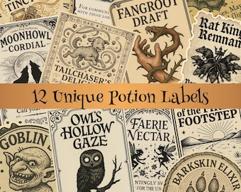 Vintage Potion Labels – Halloween Apothecary Witch Mystical Party Decor, Magic Stickers, Wizard Spell Jar, Spooky PDF & PNG Downloads