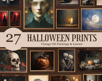 May include: A collection of 27 Halloween prints featuring vintage oil paintings and line art. The artwork includes images of a skull, a ghost, a full moon, and a moth. The prints are displayed in brown frames.