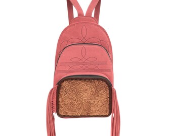 Tooled Suede Leather Fringe Backpack: Pink Western Convertible Bag