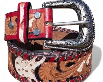 Red Handtooled Horse Flower Belt, (1.5 display picture 1
