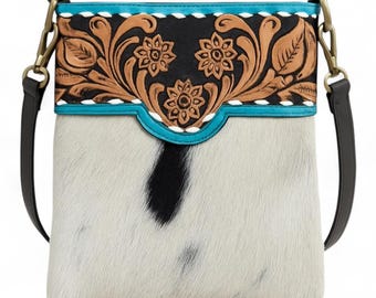 Cowhide and Hand-Tooled Leather Crossbody Bag