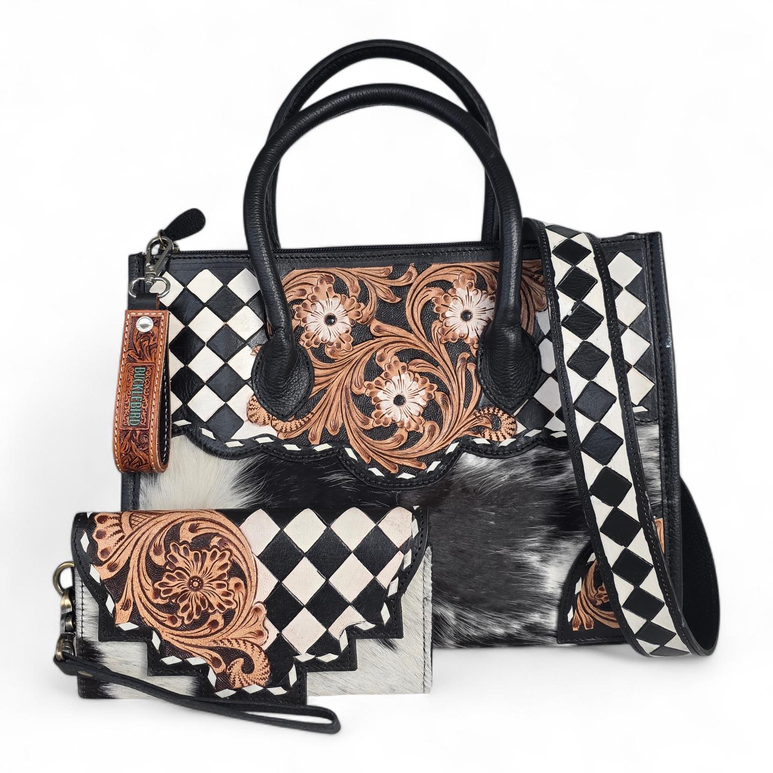 Hand-Tooled Leather Handbag Set - Cowhide Accents, Western Style