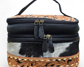 Tooled Cowhide Leather Makeup Bag – Western Toiletry Travel Case with Handle