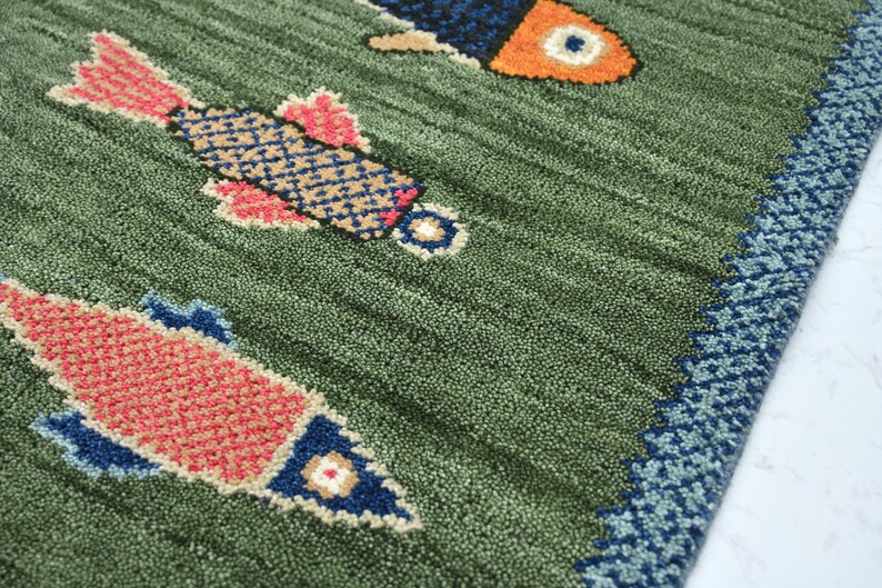 Hand Knotted Green Fish Area Rug, Colorful Wool Animal Pattern Rug ...