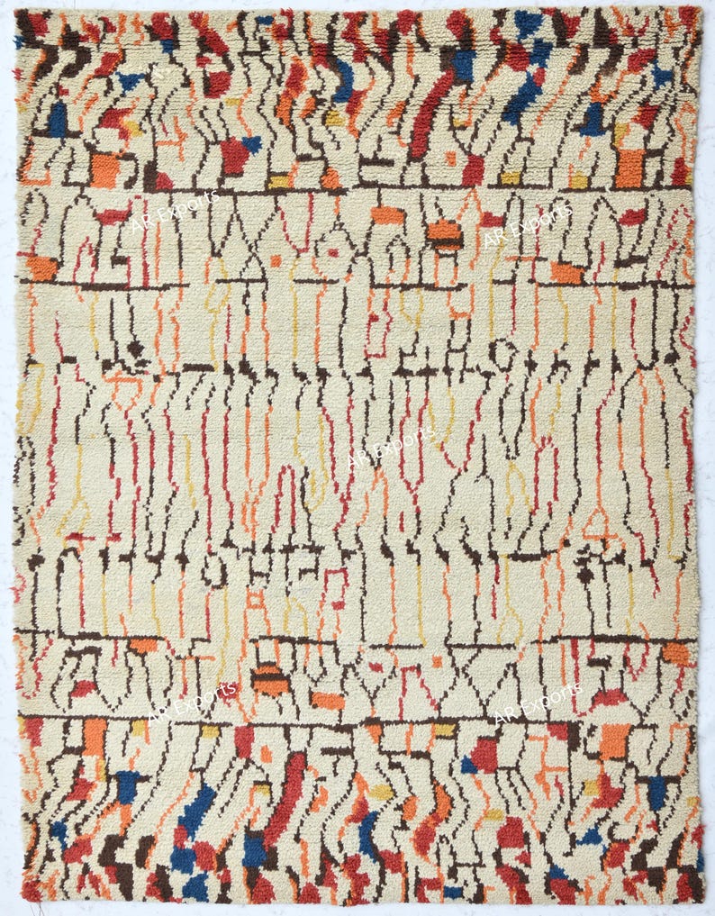 6x8 Ft Moroccan Beige Rug, Hand Knotted Wool Area Rug, Abstract Pattern ...
