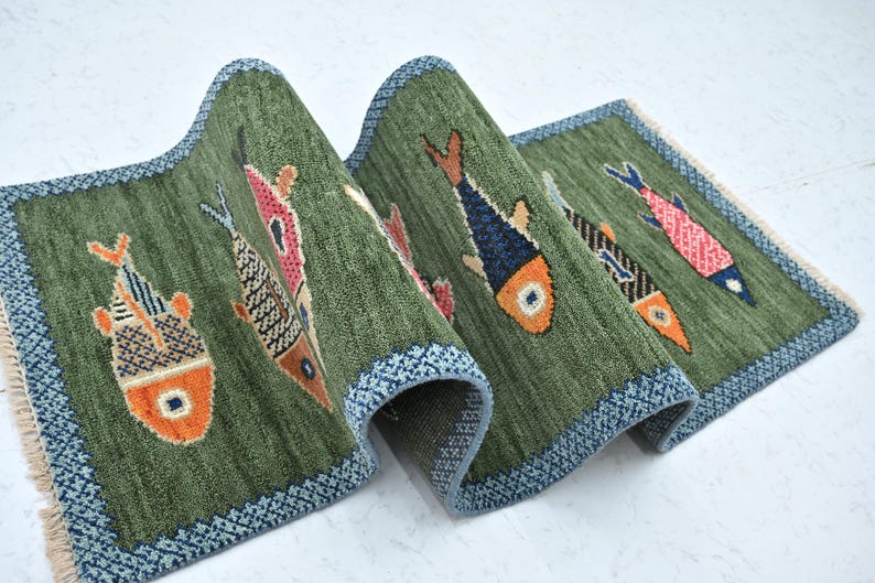 Hand Knotted Green Fish Area Rug, Colorful Wool Animal Pattern Rug ...