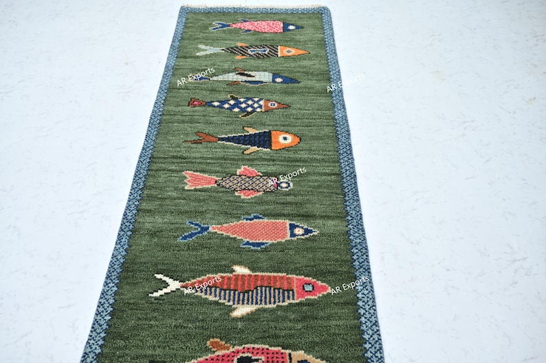 Hand Knotted Green Fish Area Rug, Colorful Wool Animal Pattern Rug ...