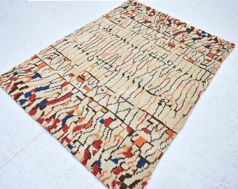 6x8 Ft Moroccan Beige Rug, Hand Knotted Wool Area Rug, Abstract Pattern ...