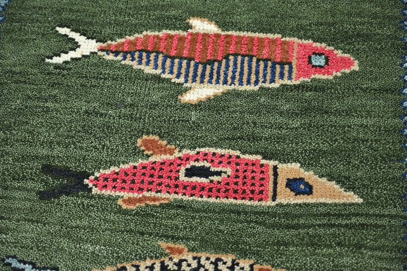Hand Knotted Green Fish Area Rug, Colorful Wool Animal Pattern Rug ...