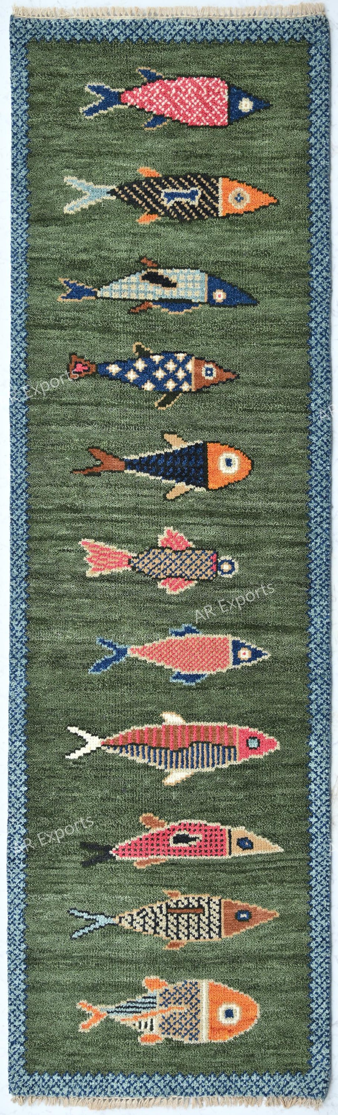 Hand Knotted Green Fish Area Rug, Colorful Wool Animal Pattern Rug ...