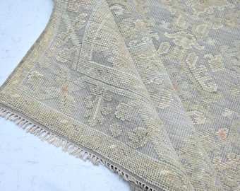 Traditional Gray Oushak Rug, Hand Knotted Wool Carpet, High Low Texture