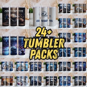 May include: A collection of 24+ tumbler packs featuring various designs. The tumblers showcase football helmets, footballs, and the text "COWBOYS" and "DALLAS COWBOYS". Each tumbler includes a straw.
