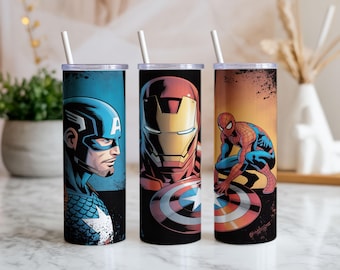 Superhero Team 20oz Tumbler Wrap PNG | Comic Heroes Action Sublimation Design | Shield Hero Digital Download