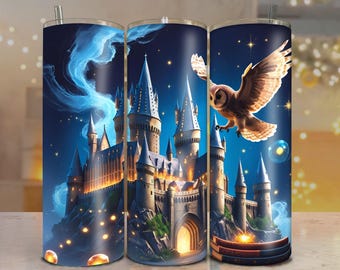 Bicchiere da scuola di magia: design castello fantasy e gufo - acciaio inossidabile isolato