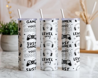 Gamer 20oz Tumbler Wrap PNG | Black White Video Game Seamless Sublimation Design | Level Up Digital Download