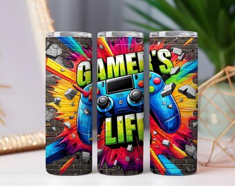 Gamer's Life Tumbler Wrap PNG: Design colorato per sublimazione del controller di gioco