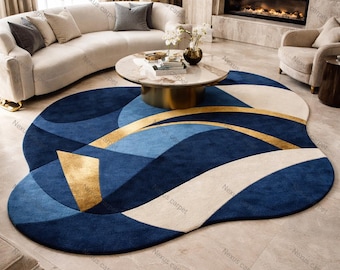 Abstract Organic Shape Blue Rug, Modern Living Room Decor