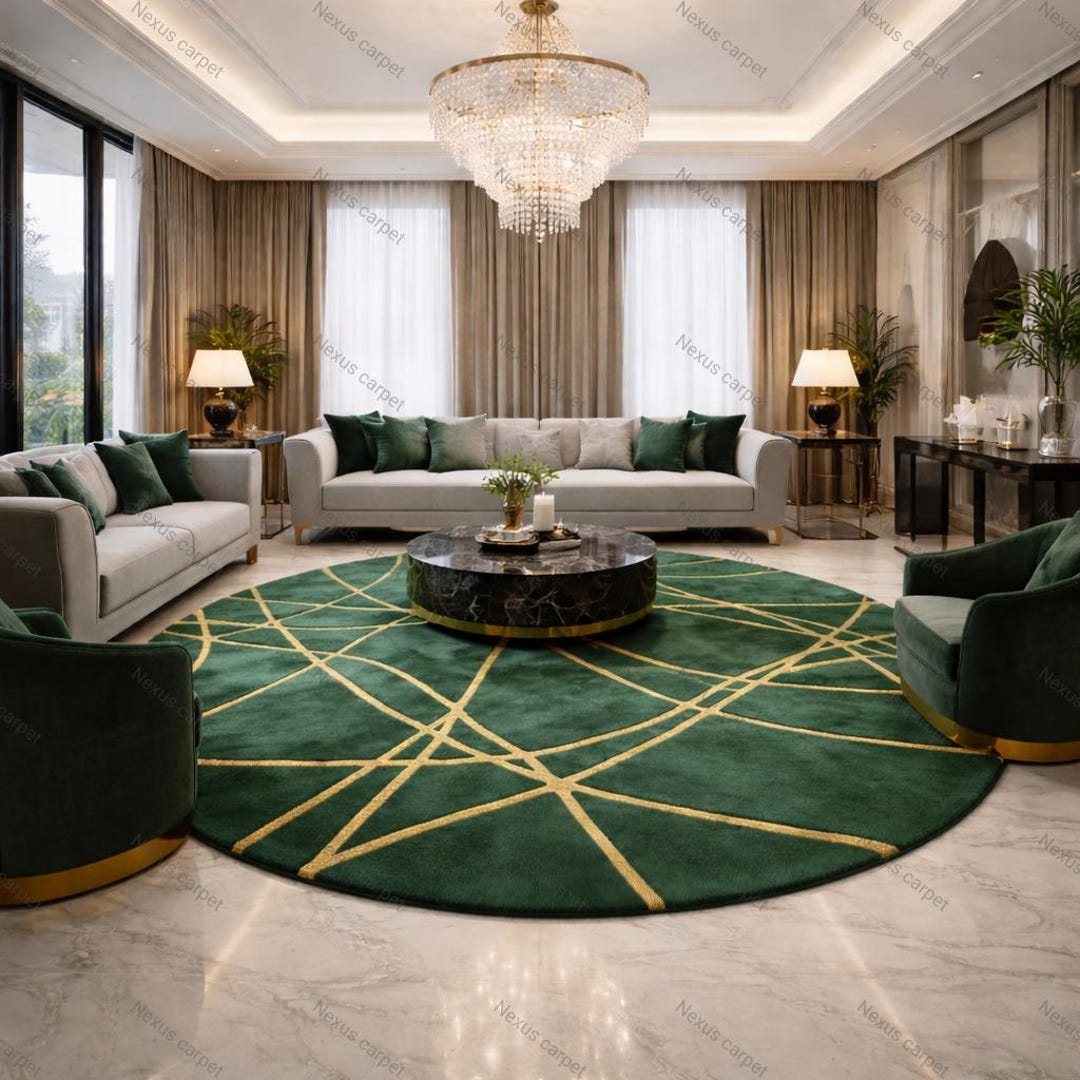 Luxury Emerald Green Gold Rug – Round Art Deco Area Rug - Etsy