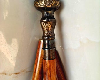 Engraved Brass Knob Walking Stick – Handmade Floral Handle, Decorative Cane