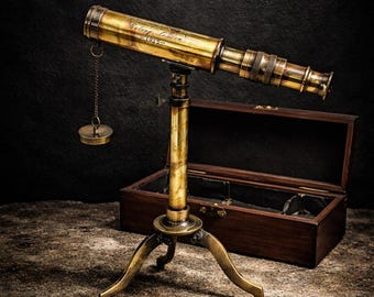 Vintage Brass Desktop Telescope, 1915 London Engraved Spyglass, Wooden Box, Tripod Stand