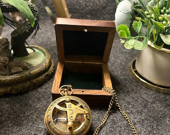 Vintage Brass Sundial Compass: Nautical Pocket Watch with Wooden Box