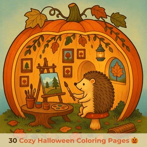 May include: A whimsical illustration of a hedgehog artist inside a pumpkin house. The hedgehog is painting a landscape on a small easel. The pumpkin is orange with a green stem and has a cozy interior with framed art and a lantern. Text at the bottom reads "30 Cozy Halloween Coloring Pages."