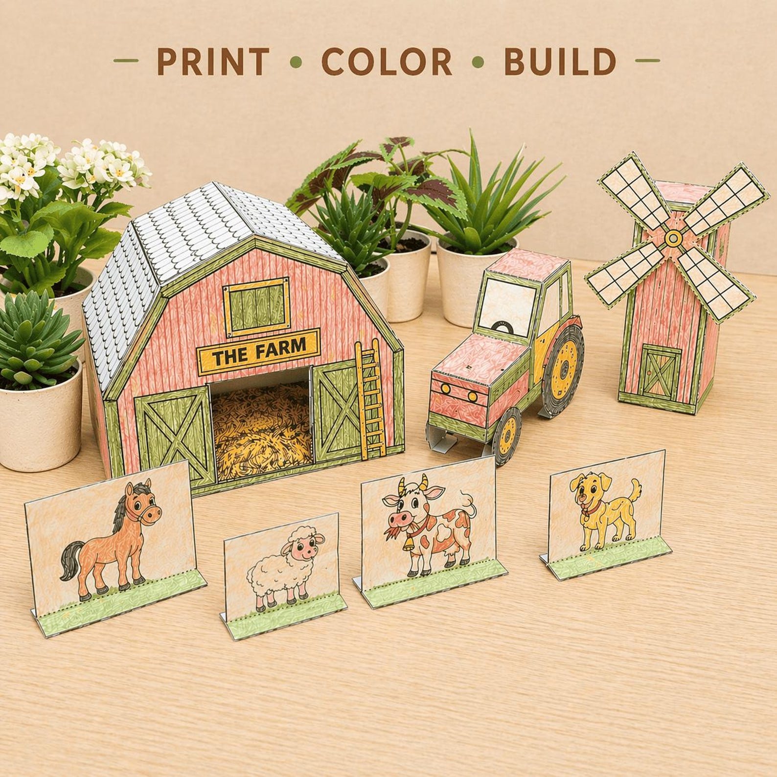3D Paper Farm — Printable Paper Craft Kit for Kids | Print, Color ...