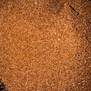 May include: Close-up of a pile of finely shredded, reddish-brown material. The texture appears granular and organic, with a consistent color throughout. The material is likely a type of wood or plant-based product.