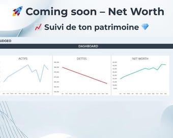 May include: A digital dashboard graphic with the text "Coming soon - Net Worth" and "Suivi de ton patrimoine." The dashboard displays charts for Assets, Debts, and Net Worth, with the Budgeo logo in the corner.