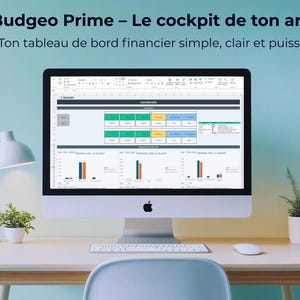 May include: A desktop computer displaying a financial dashboard with charts and data. The screen is on a wooden desk with a white lamp, a small potted plant, a keyboard, and a mouse. The text "Budgeo Prime" is at the top.